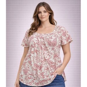 Bloomchic Plus Size 18-20 Red Floral Paisley Square Neck Flutter Sleeve Blouse